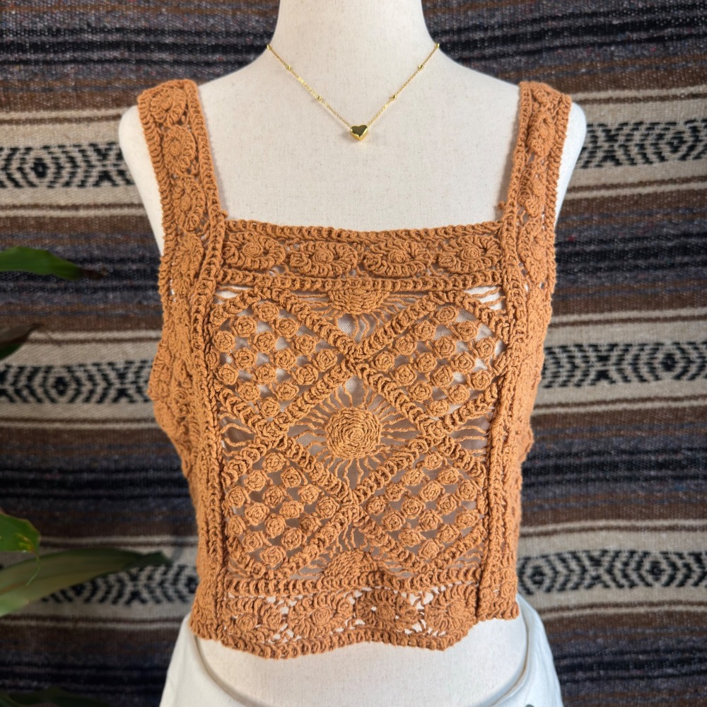 Julia by Love J Terracotta Rust Crochet Crop Top Medium A2366 Boho Festival Knit